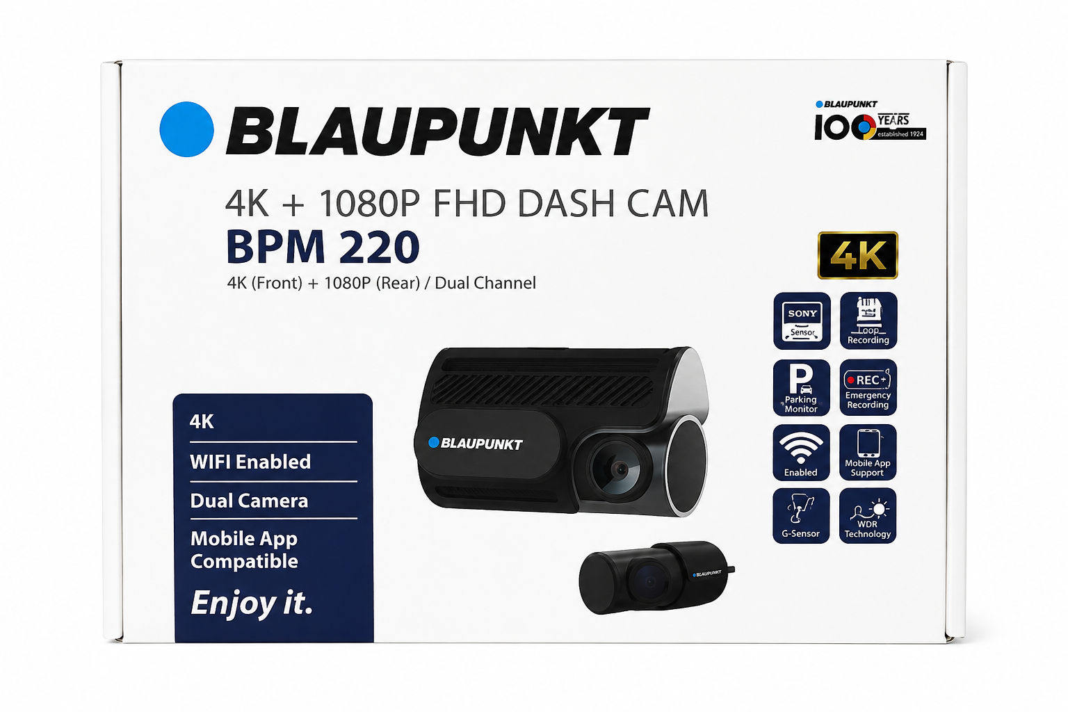 Blaupunkt BPM 220 4K + 1080P Dual Channel Dash Cam | WiFi FHD Car Dashboard Camera with Rear Camera & Parking Monitor
