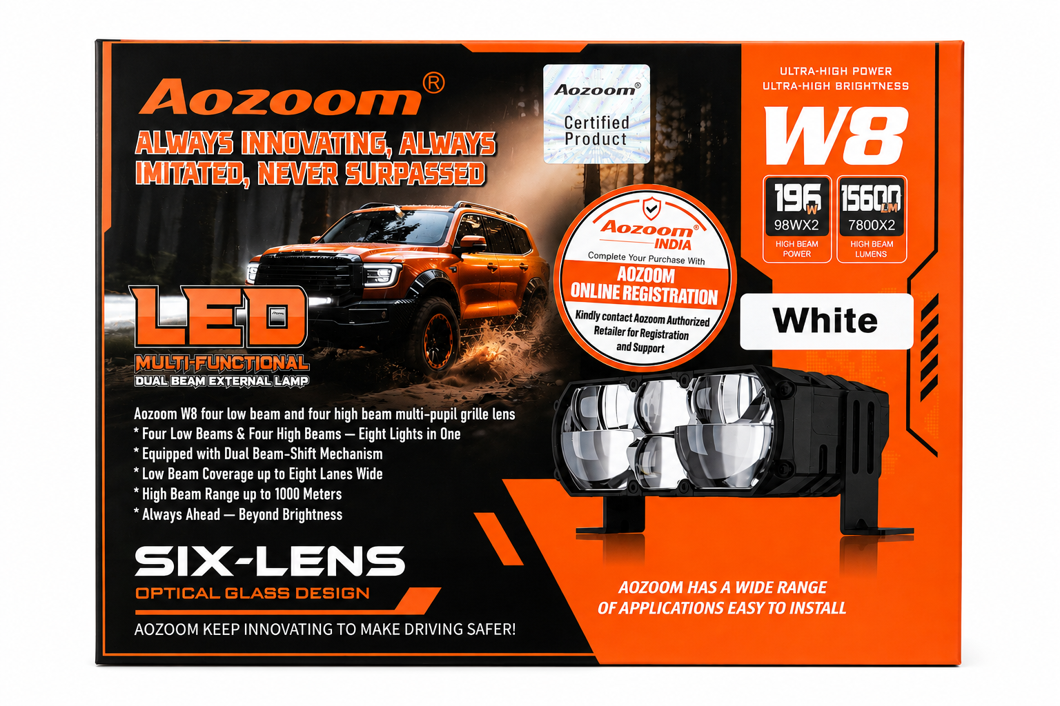 Aozoom W8 196W Six-Lens LED Multifunctional Dual Beam Light | White