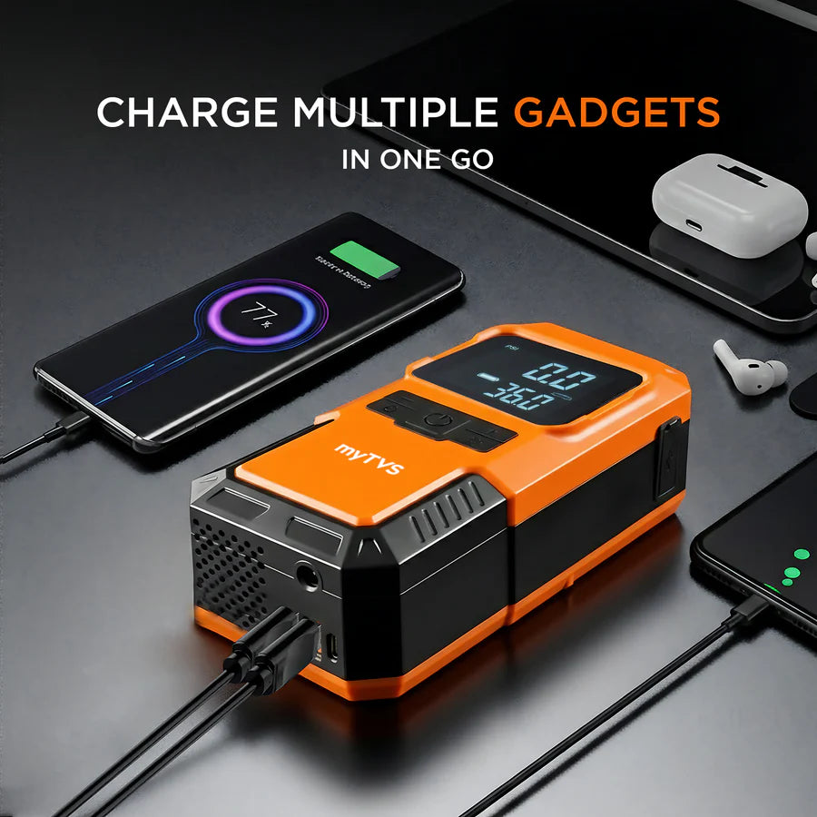 myTVS 4-in-1 Portable Car Jump Starter with Digital Tyre Inflator & Power Bank