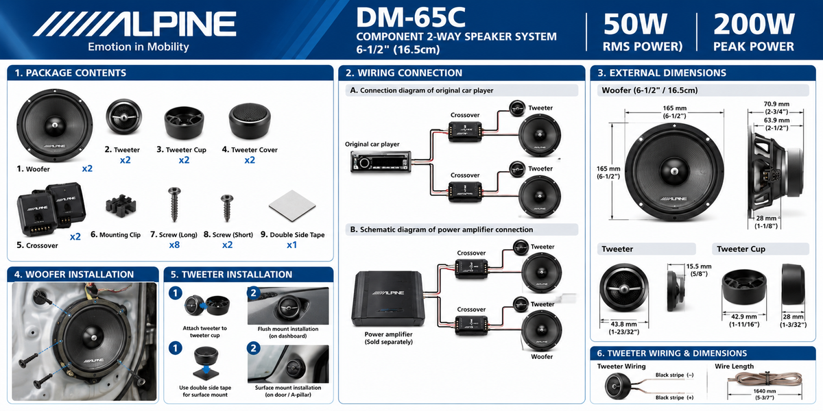 Alpine DM-65C 6.5 Inch Component Car Speakers | 50W RMS | 200W Peak