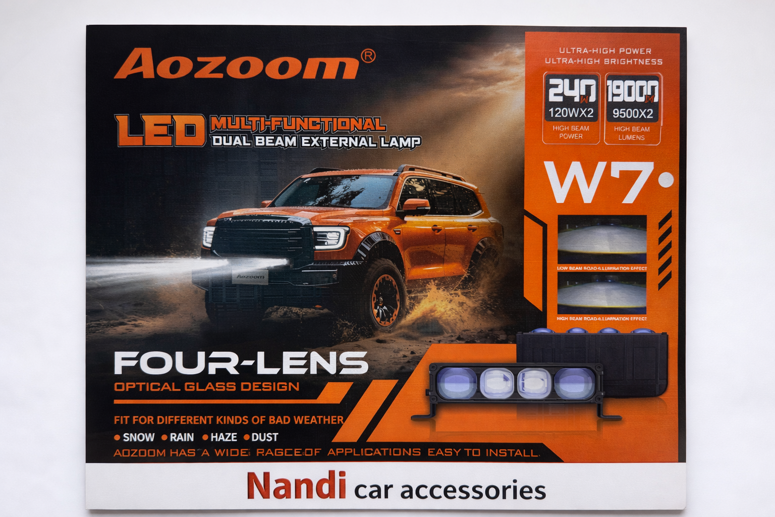 AOZOOM W7 4-Lens External LED Driving Lamp | 240W 19,000 Lumens