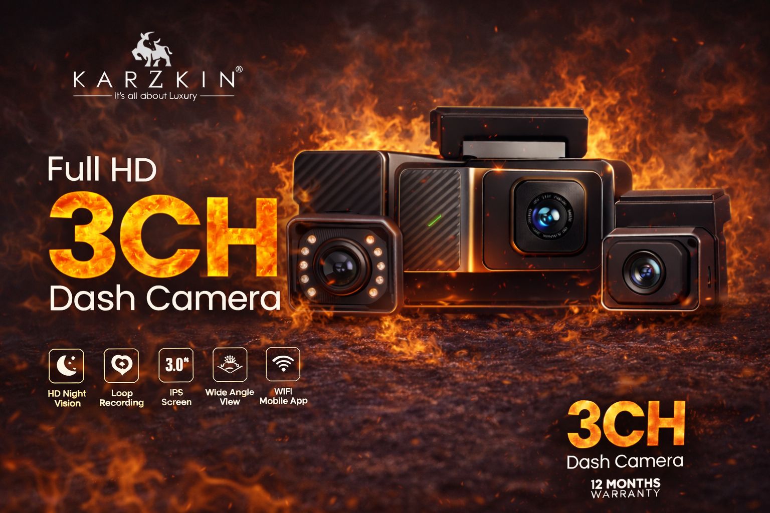 Karzkin 3-Channel Dash Cam | Front, Interior & Rear Full HD Security