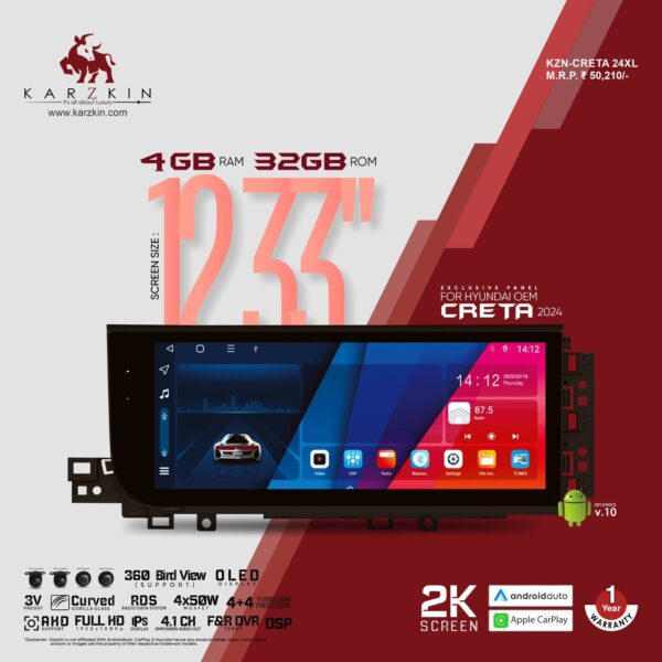 Karzkin KZN-CRETA 24 XL Android Multimedia Player – 12.33" 2K OLED Display for Hyundai Creta 2024 (4GB RAM, 32GB ROM)