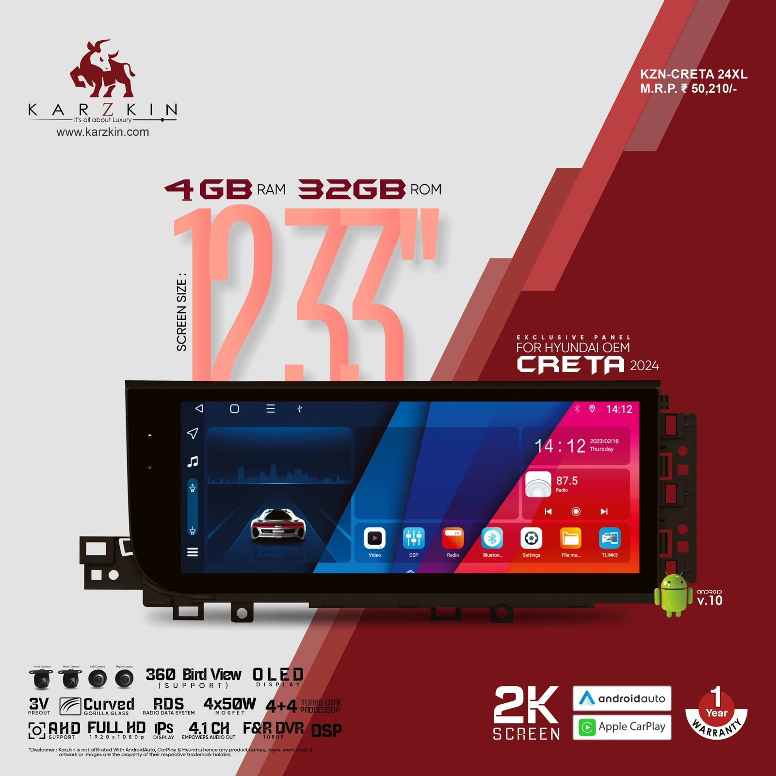Karzkin KZN-CRETA 24 XL Android Multimedia Player – 12.33" 2K OLED Display for Hyundai Creta 2024 (4GB RAM, 32GB ROM)
