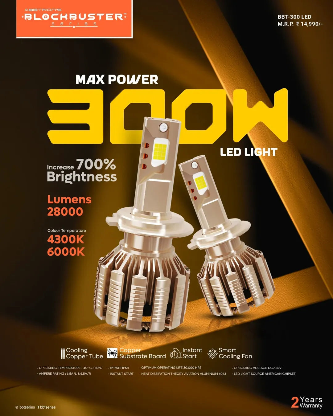 Abbtron Blockbuster BBT-300 LED Headlight with 2 Years Warranty