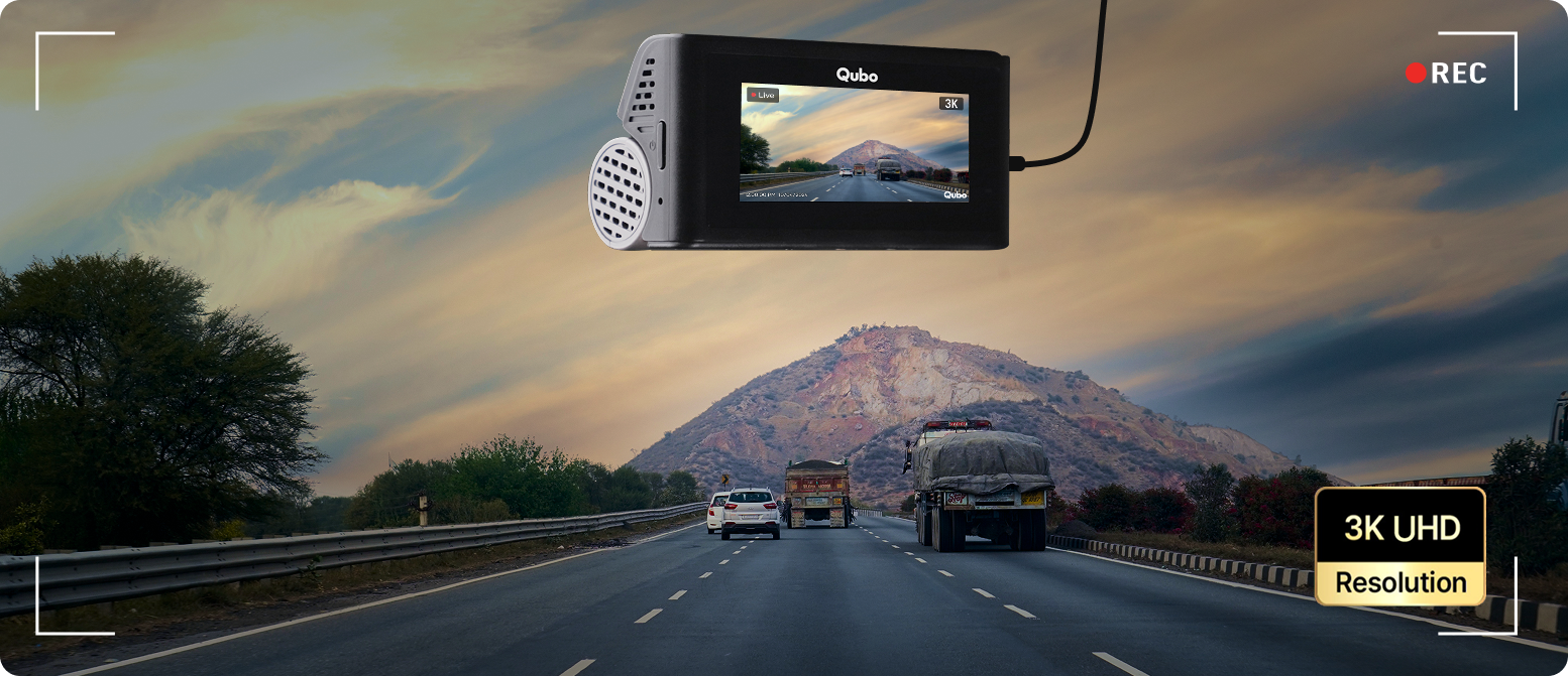 Qubo Pro 3K Dashcam and Rear Camera - installed on car windshield - Qubo at Nandi Car Accessories