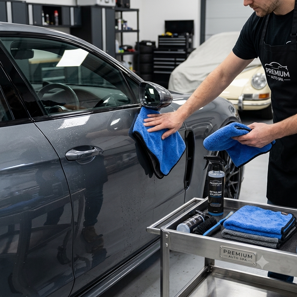 Professional detailer using a plush blue 800 GSM microfiber cloth to wipe down a grey luxury car next to an auto spa detailing cart