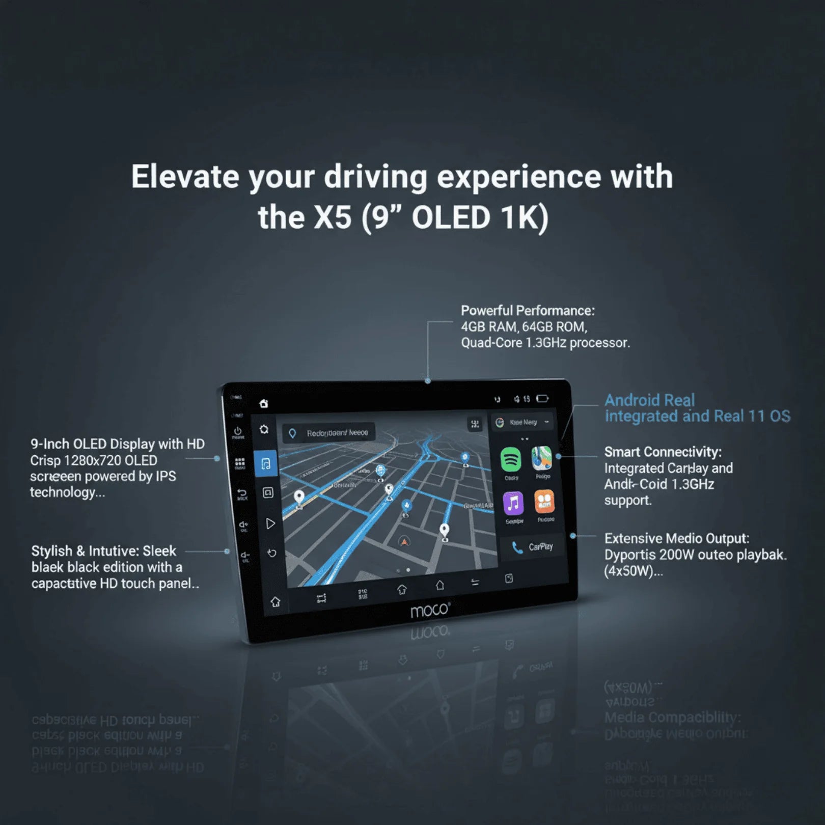 9-inch OLED display with navigation app on a dark background, featuring text about driving experience and device specifications.